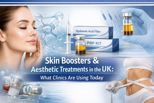 Skin boosters, PDO threads and PRP kit used in professional aesthetic clinics in the UK for skin rejuvenation, hydration treatments and non-surgical aesthetic procedures.